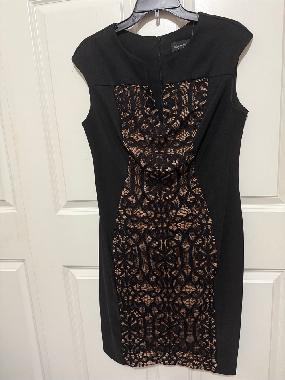 Connected  apparel Black Midi Dress with Nude Lace-Inset
